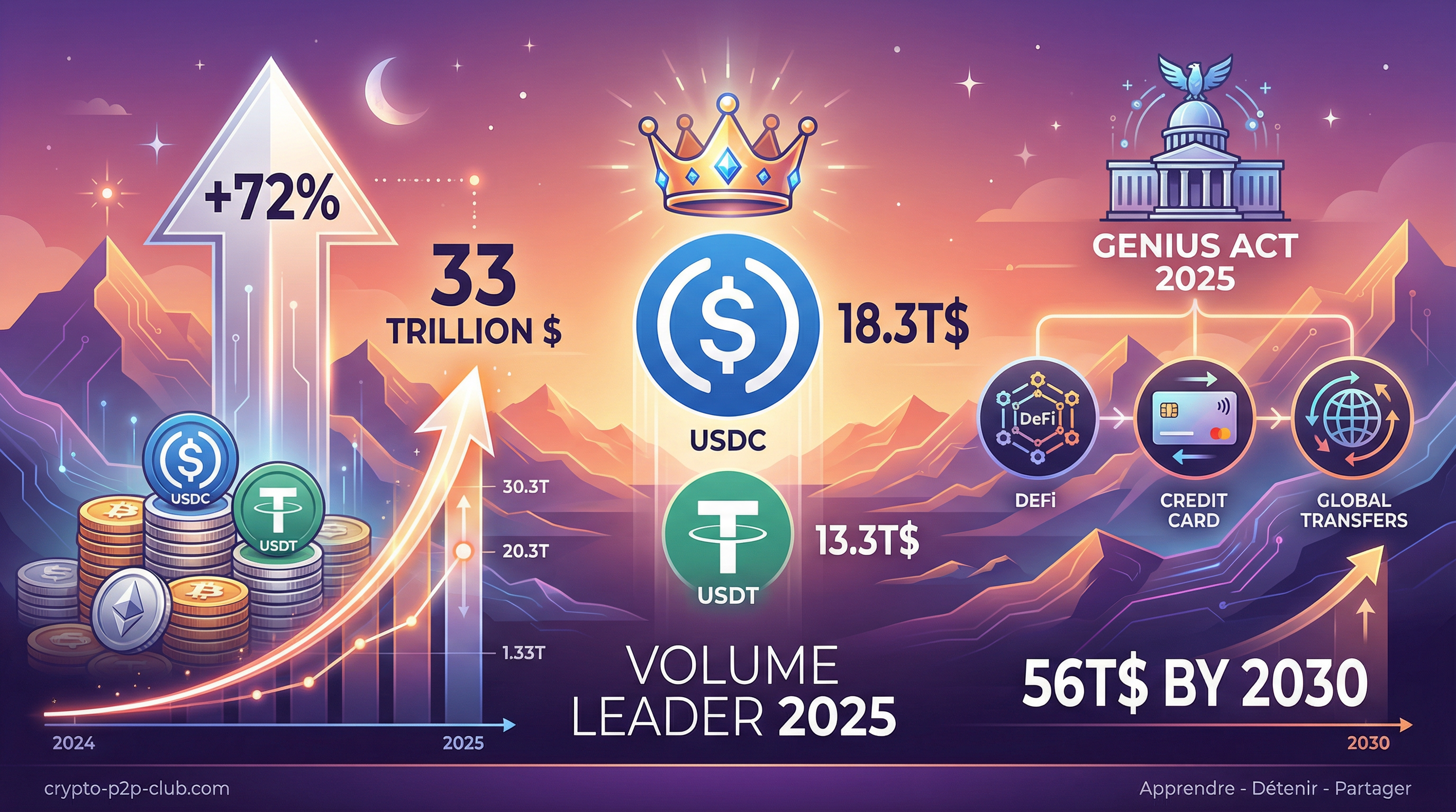 Stablecoins : 33 milliards de dollars en 2025, l'USDC dépasse l'USDT